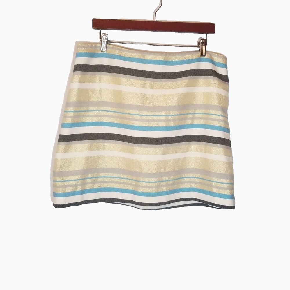 Loft Outlet Gold Metallic Cream Blue Gray Striped Side Zip Pencil Skirt Size‎ 12